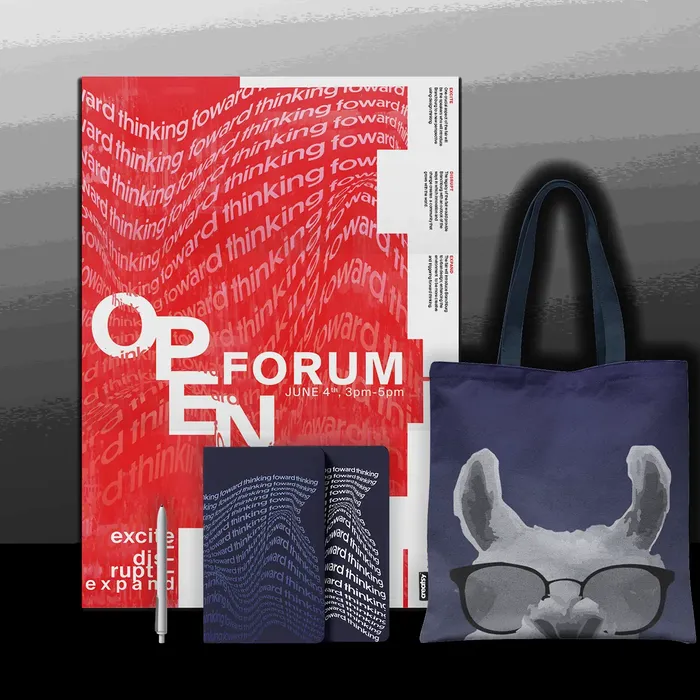 The Open Forum poster with a llama mascot tote bag