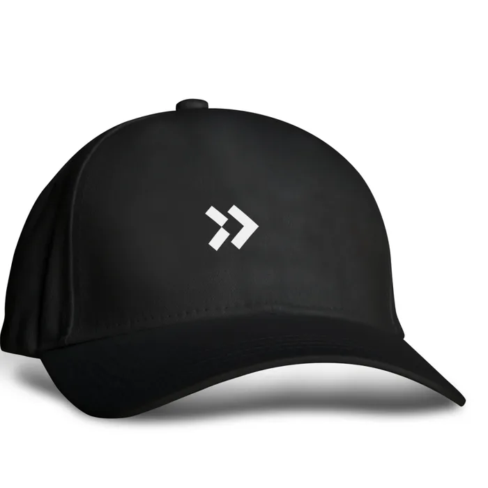 A black Progression cap with the green double chevron mark