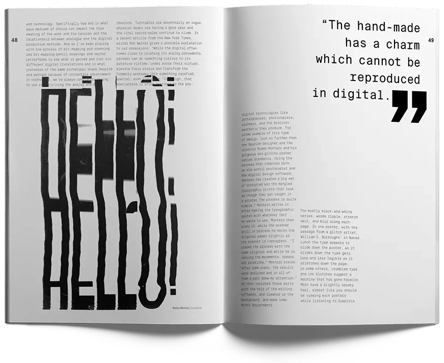 A spread with the word Hello set in a stretched, glitched condensed typeface