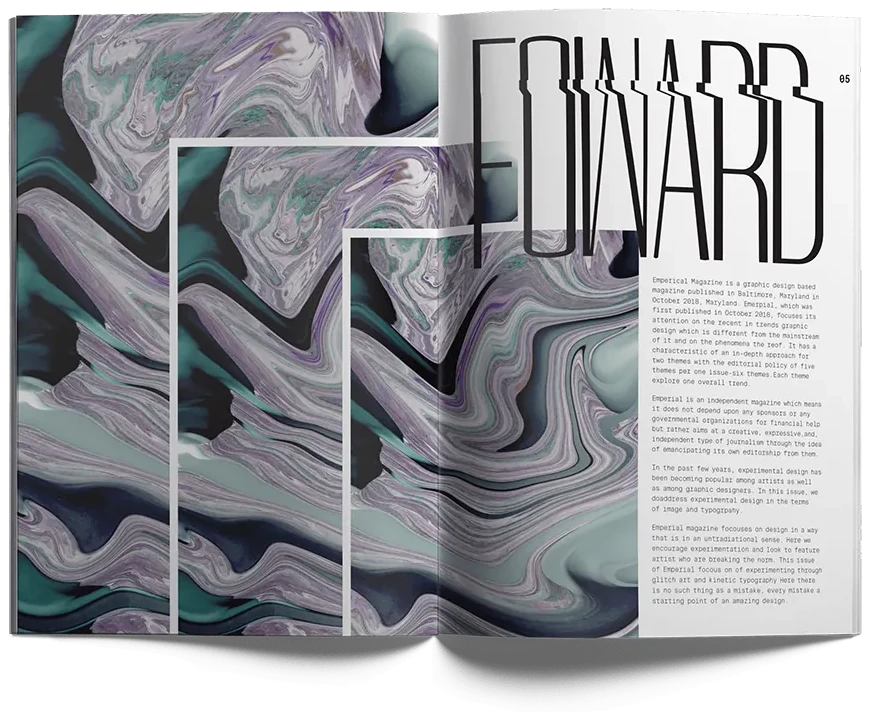 The Forward spread over a marbled image in violet and teal