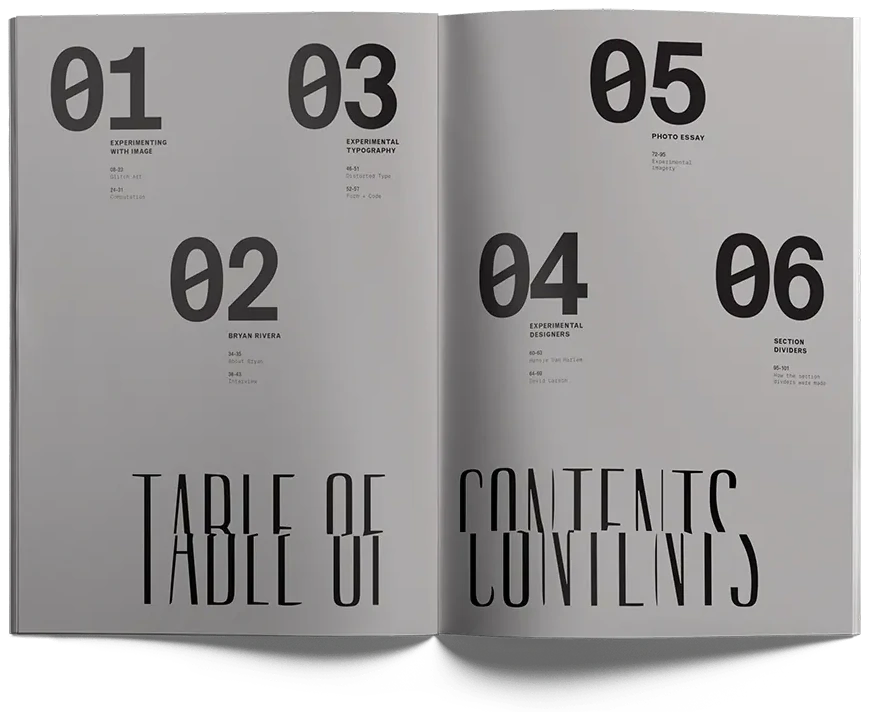 The table of contents spread, six numbered sections