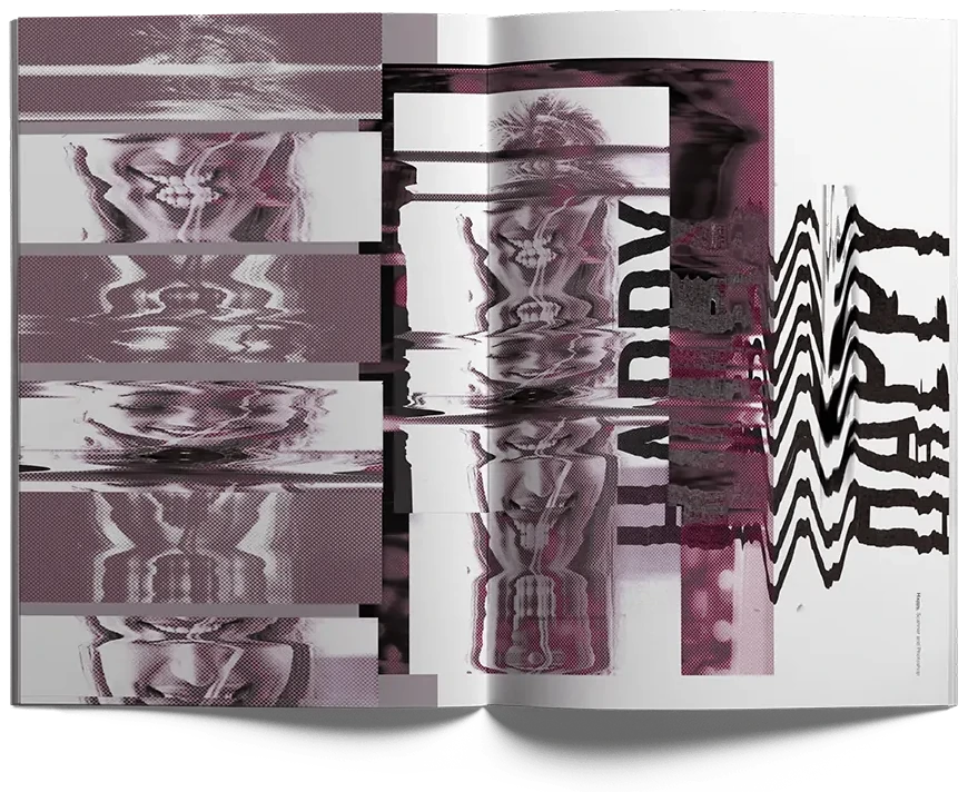 A spread of vertically smeared, repeating imagery in mauve