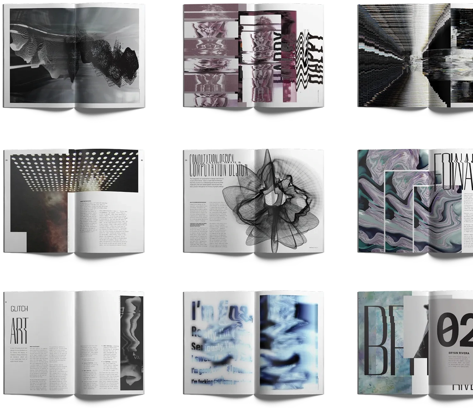 Nine spreads from Emperical arranged in a grid