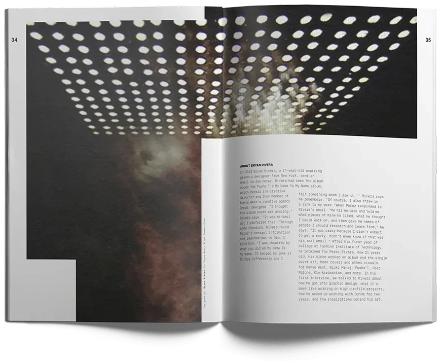 A spread with a grid of light bulbs fading into smoke