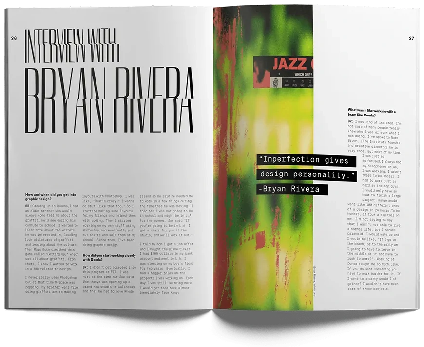 The interview spread with Bryan Rivera, with a neon glitched photo