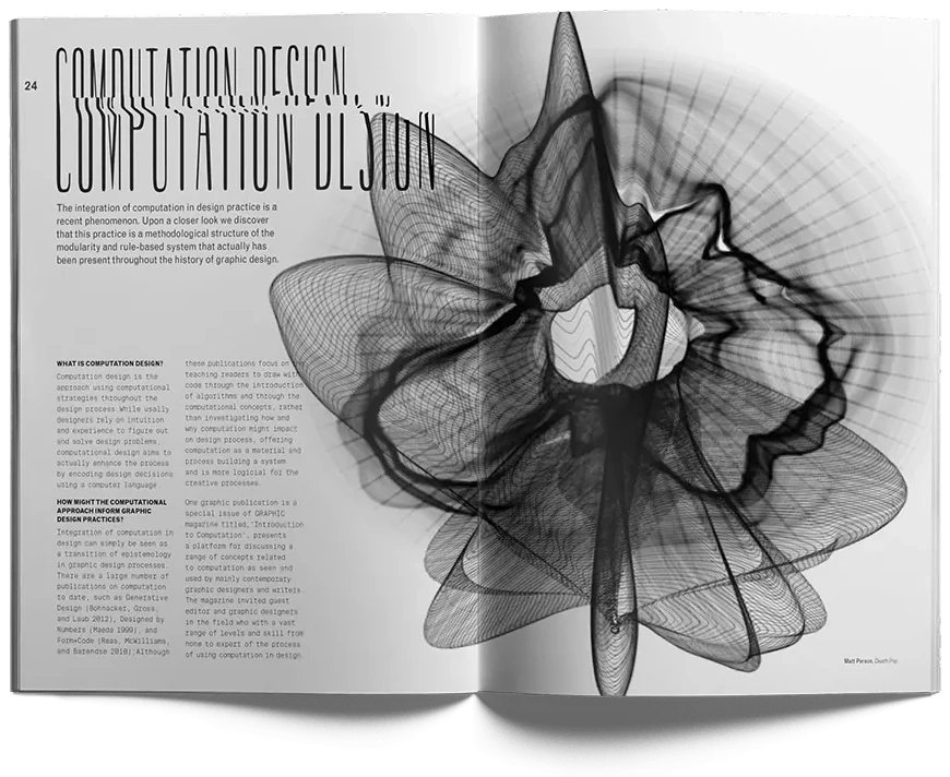 The Computational Design spread with a black wireframe form