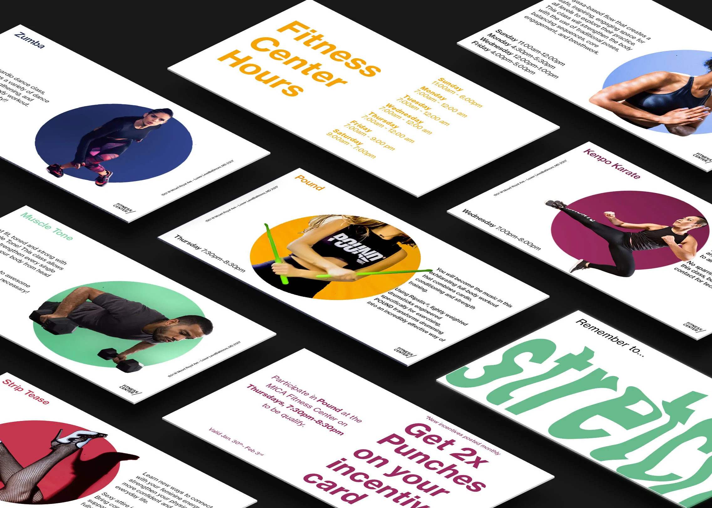The full set of MICA Fitness Center flyers and hours cards laid out at an angle