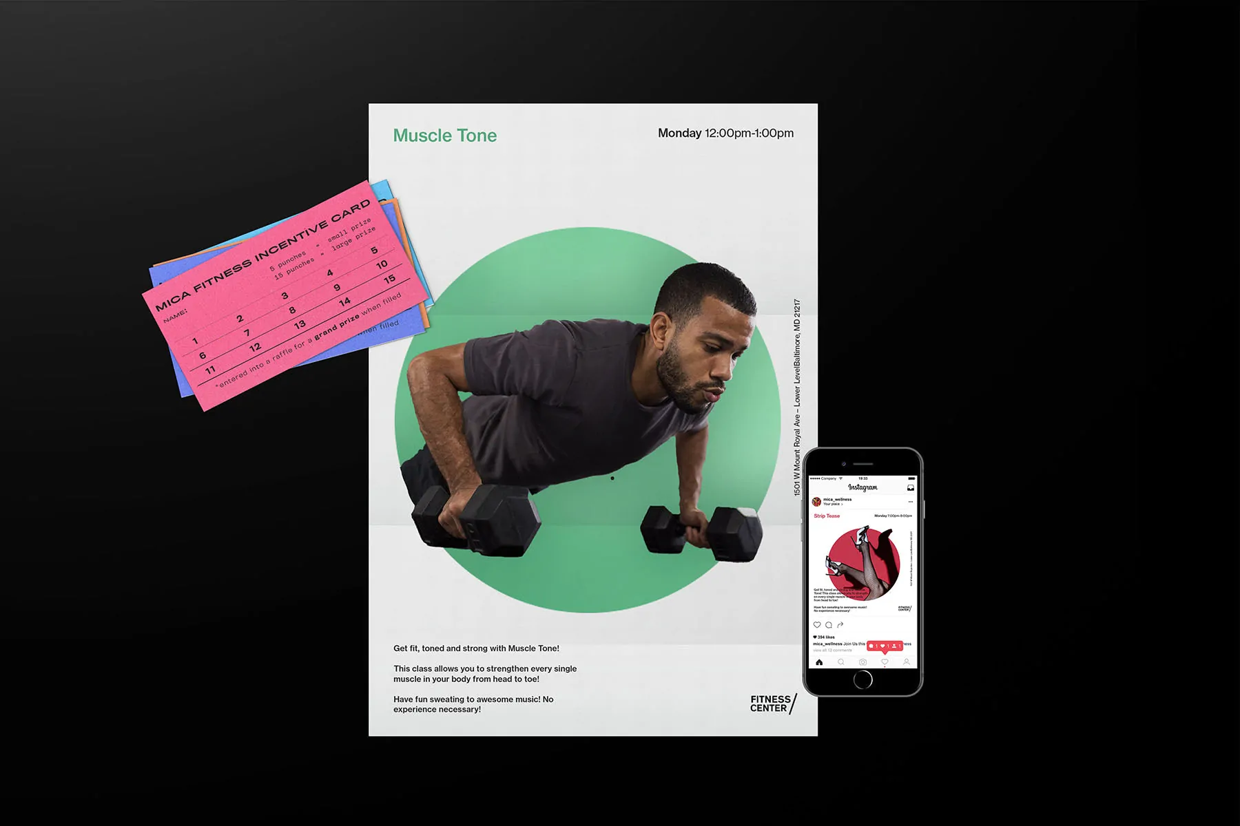 MICA Fitness Center flyers on a wall