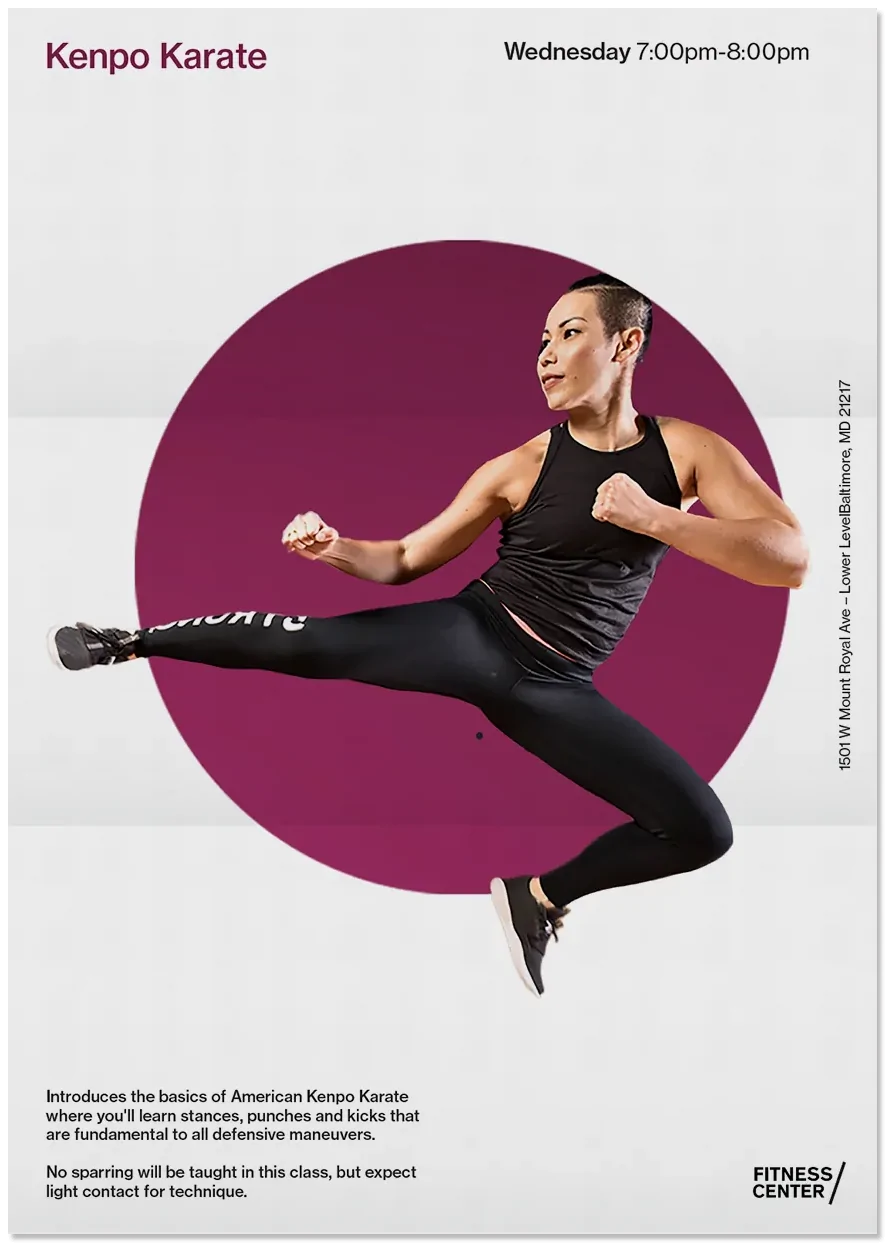 Kenpo Karate class flyer: a woman mid kick over a magenta circle
