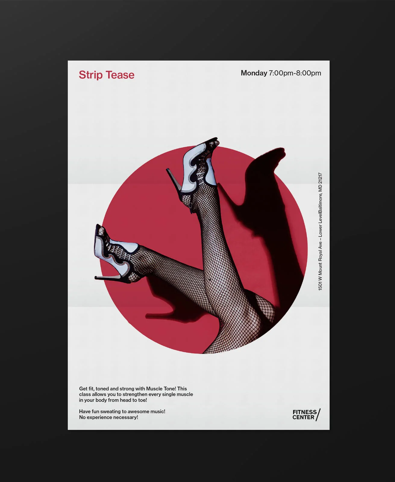 Strip Tease class flyer: legs in heels over a red circle