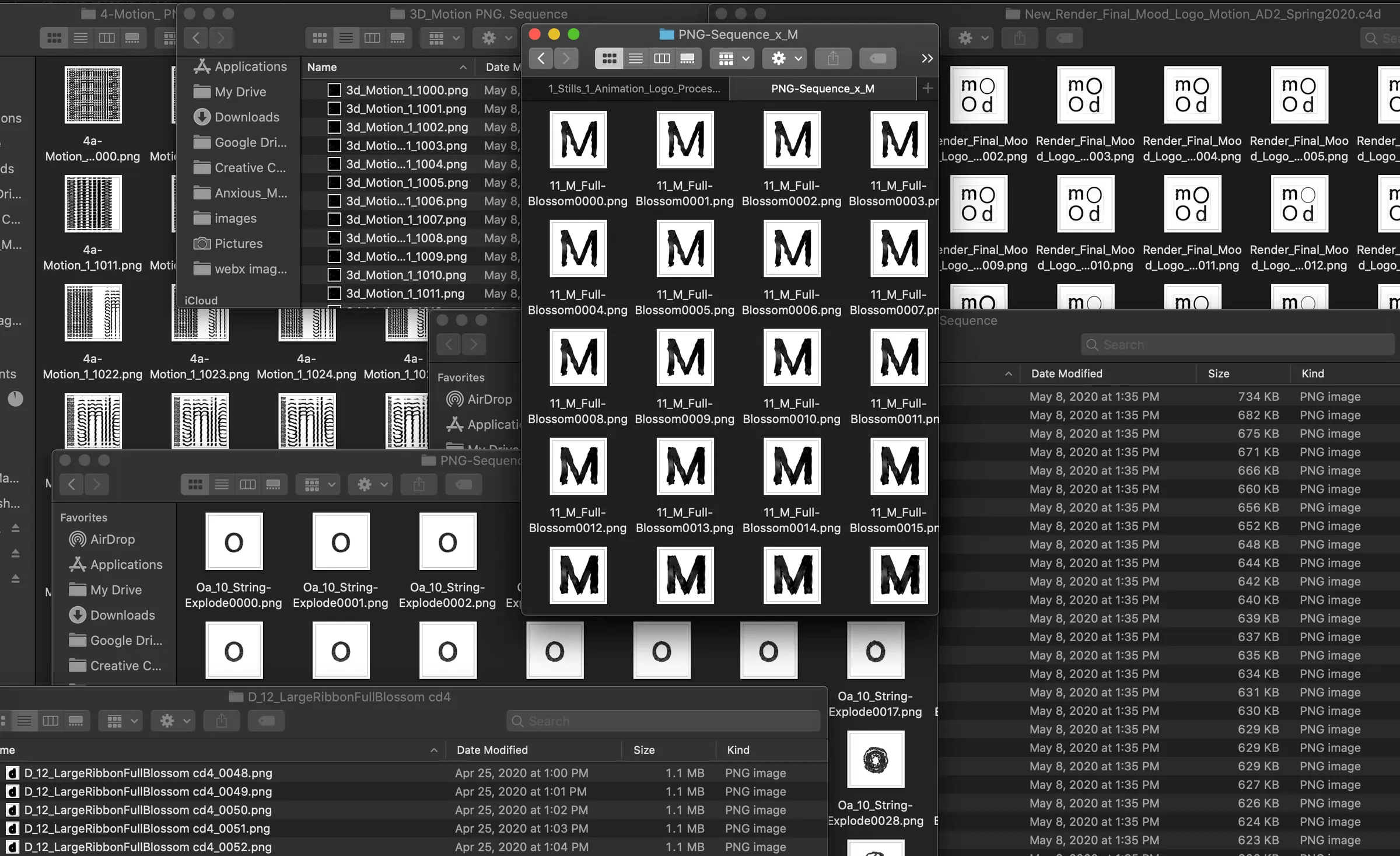 A folder of exported Mood frames, the same letters in dozens of textures