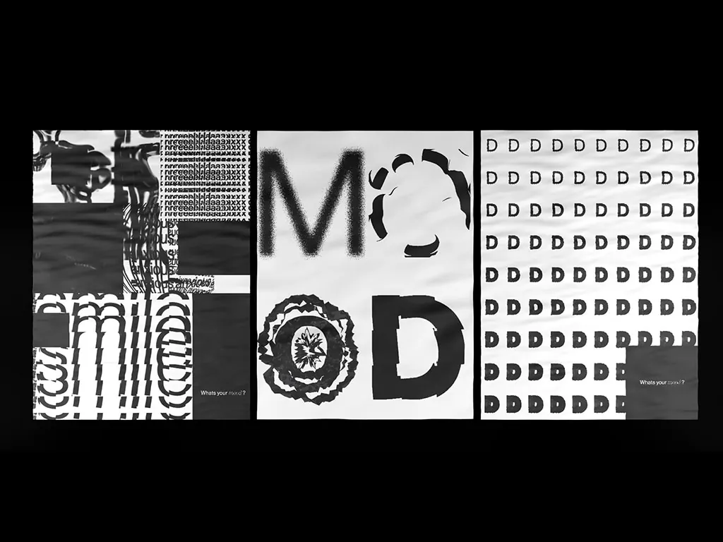 Three Mood posters: a texture study, the wordmark, and a repeating D pattern