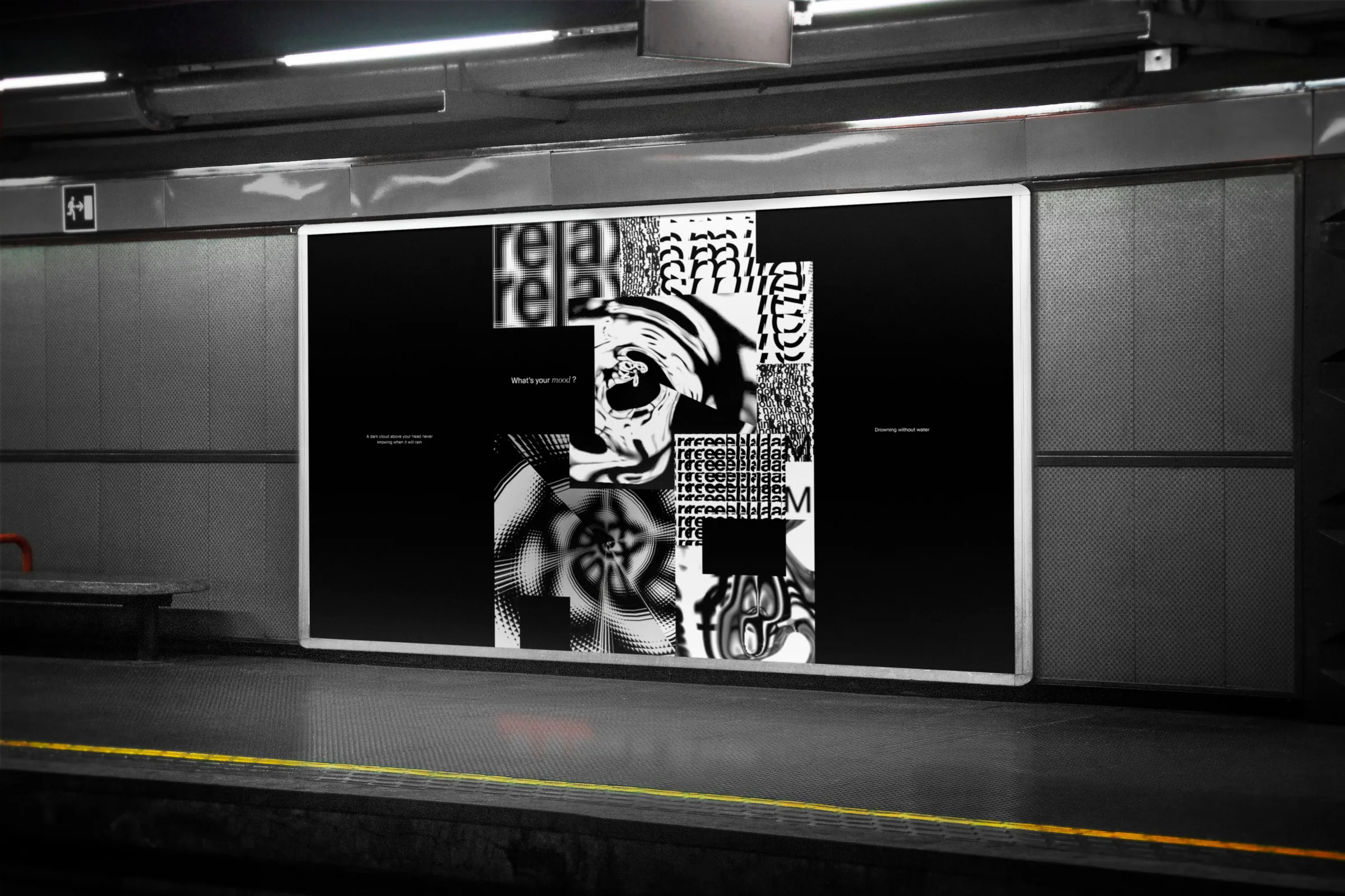 A large Mood poster on a subway billboard