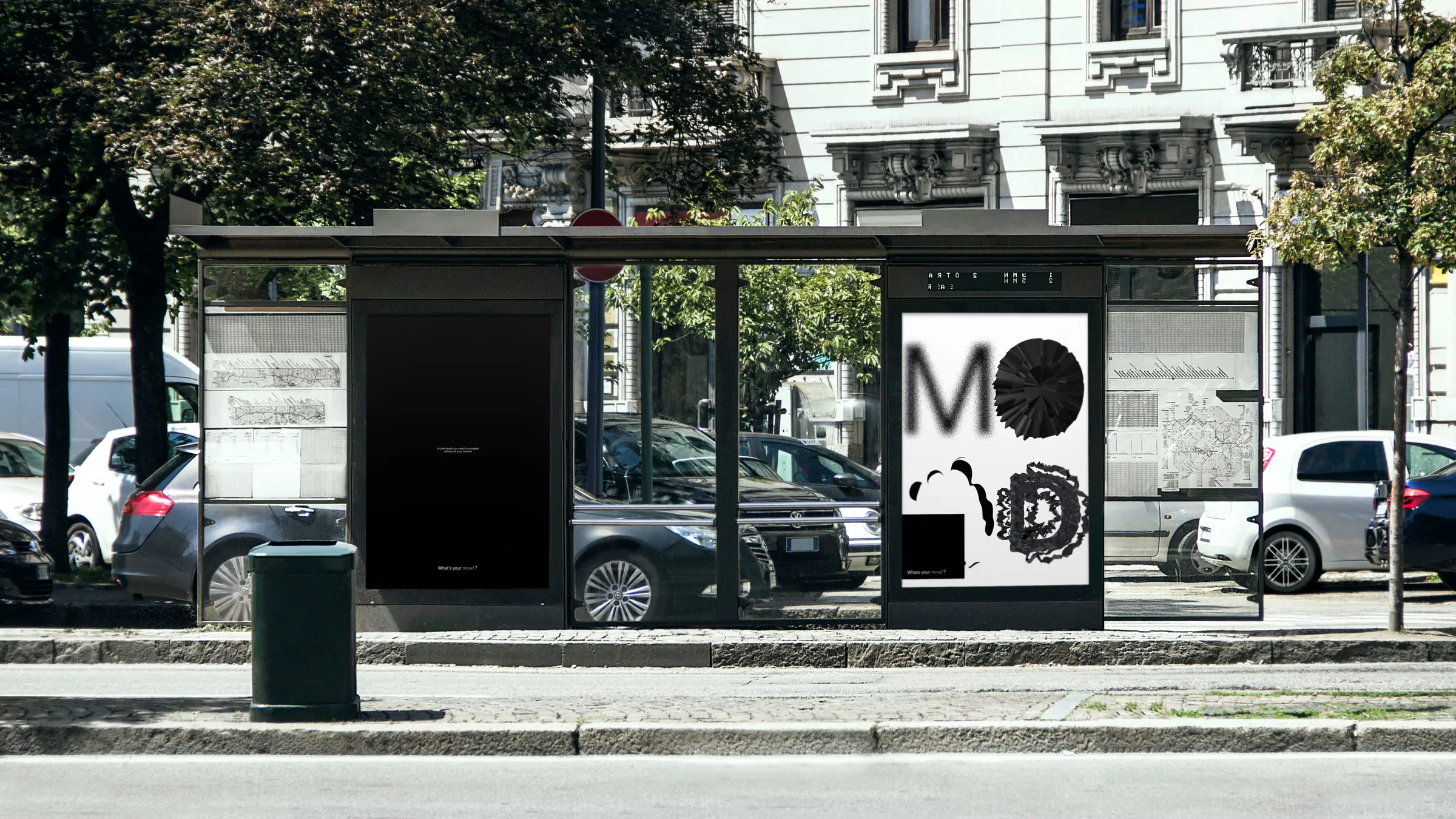 Mood poster in a bus shelter on a city street