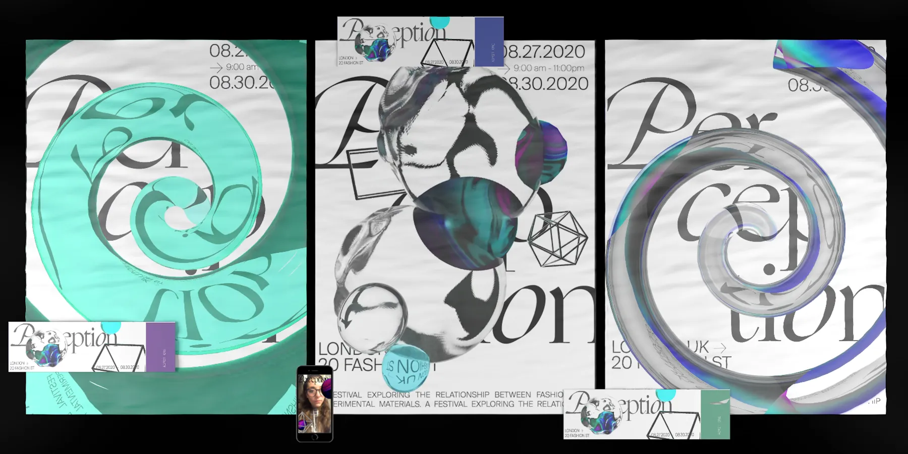 The three Perception posters side by side: a teal spiral, a chrome bust, and a silver ring, each wrapped in the wordmark