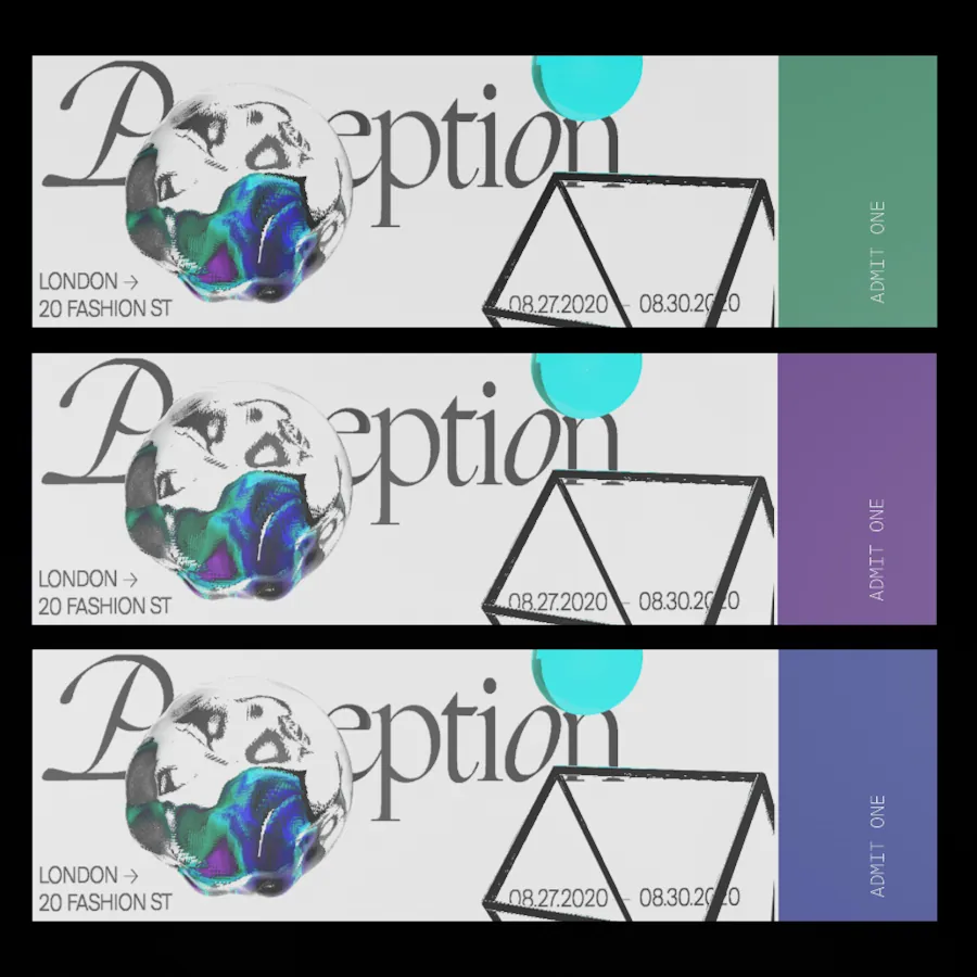 Three Perception tickets in teal, violet and indigo