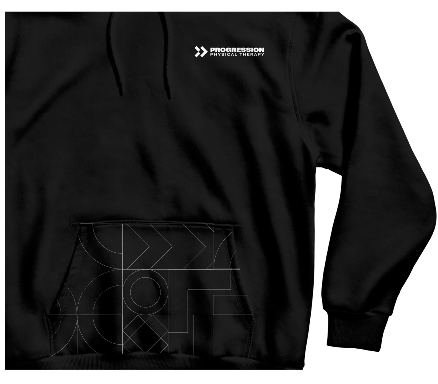 A black hoodie with the logo on the chest and the line pattern on the pocket