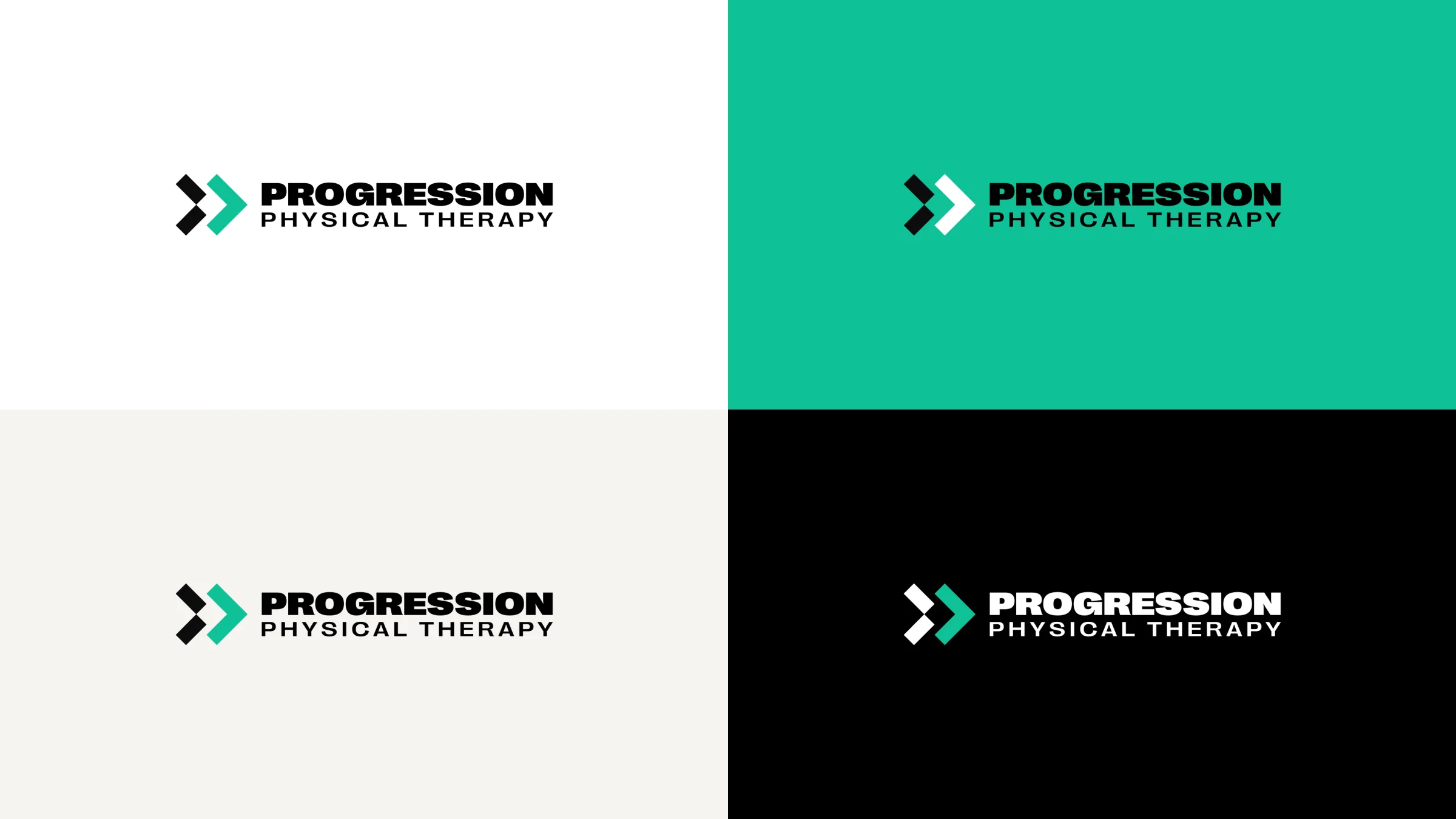 The Progression Physical Therapy logo in four colourways: on white, green, warm white and black