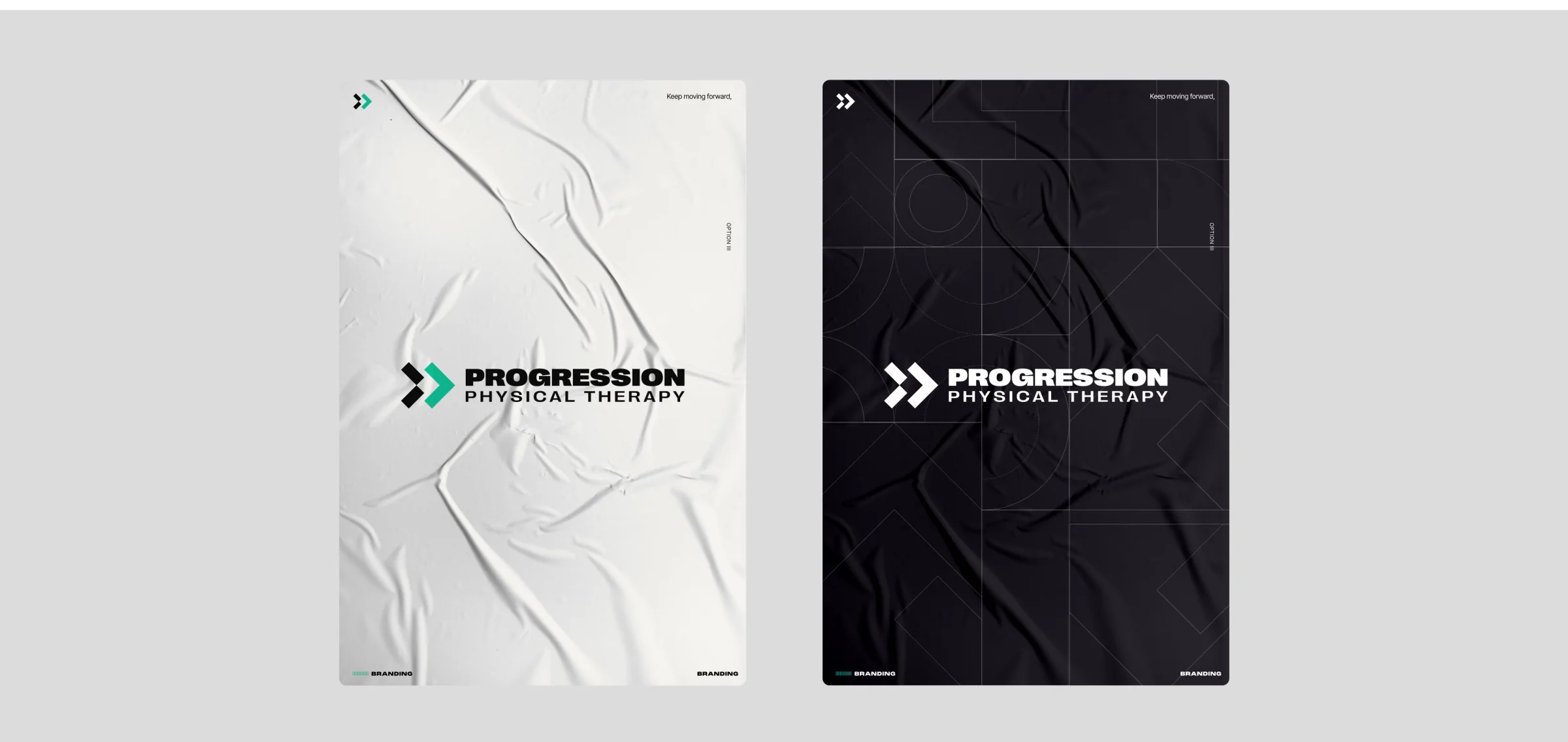 Two pasted posters with the logo, one light and one dark
