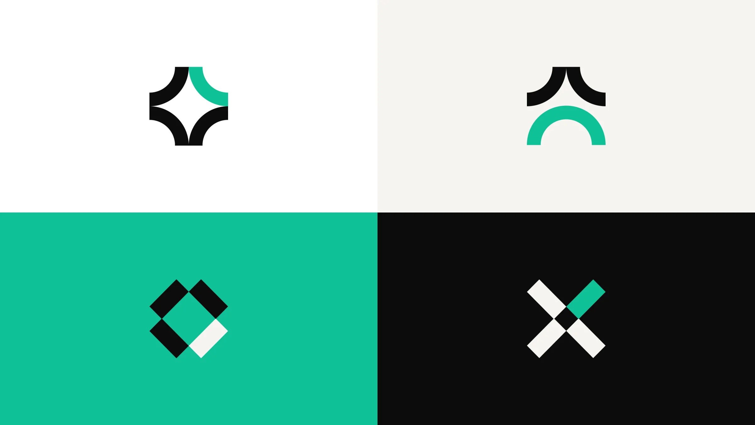 Four brand shapes built from the chevron angles, in green, black and white
