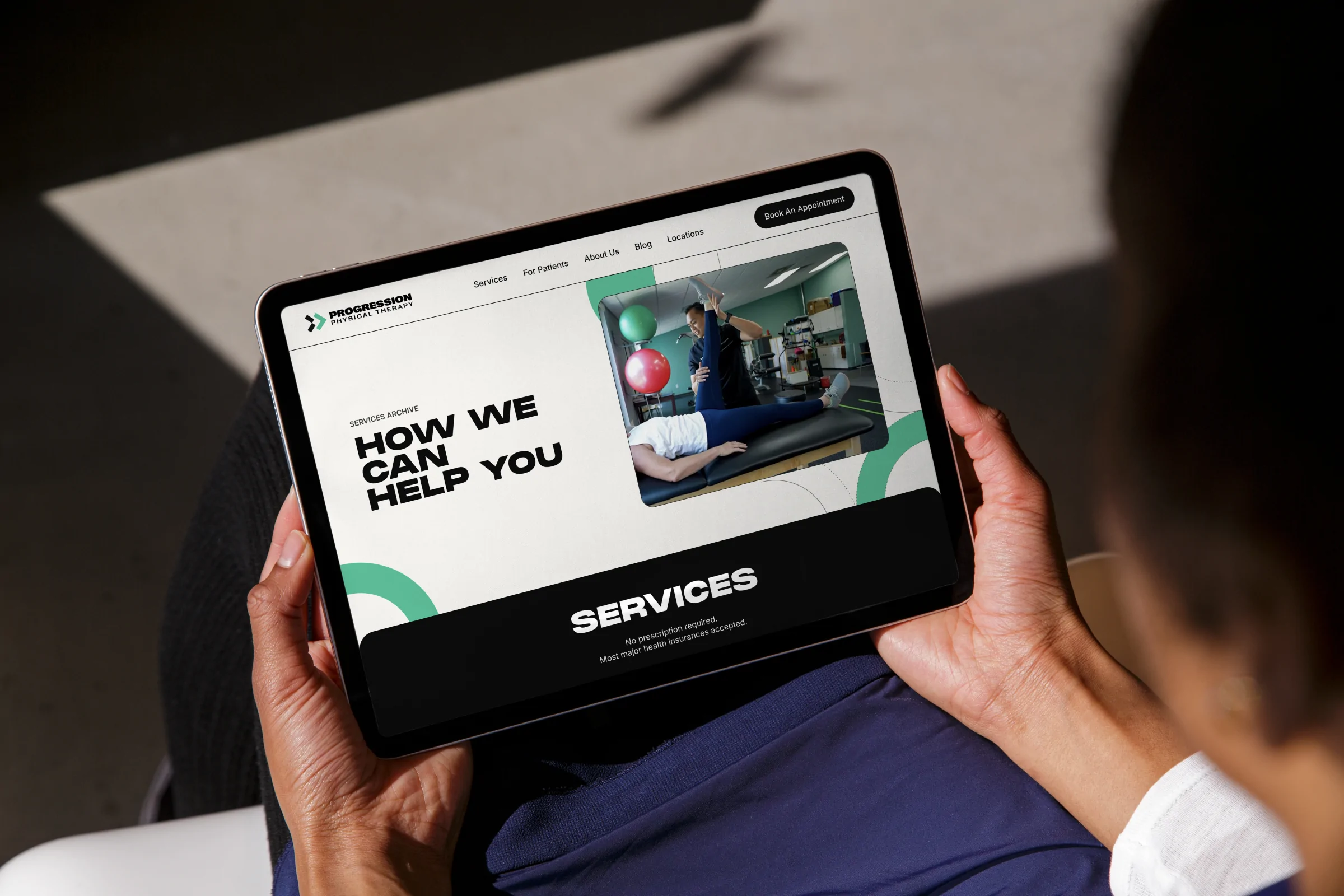 The Services page on an iPad held in someone’s lap