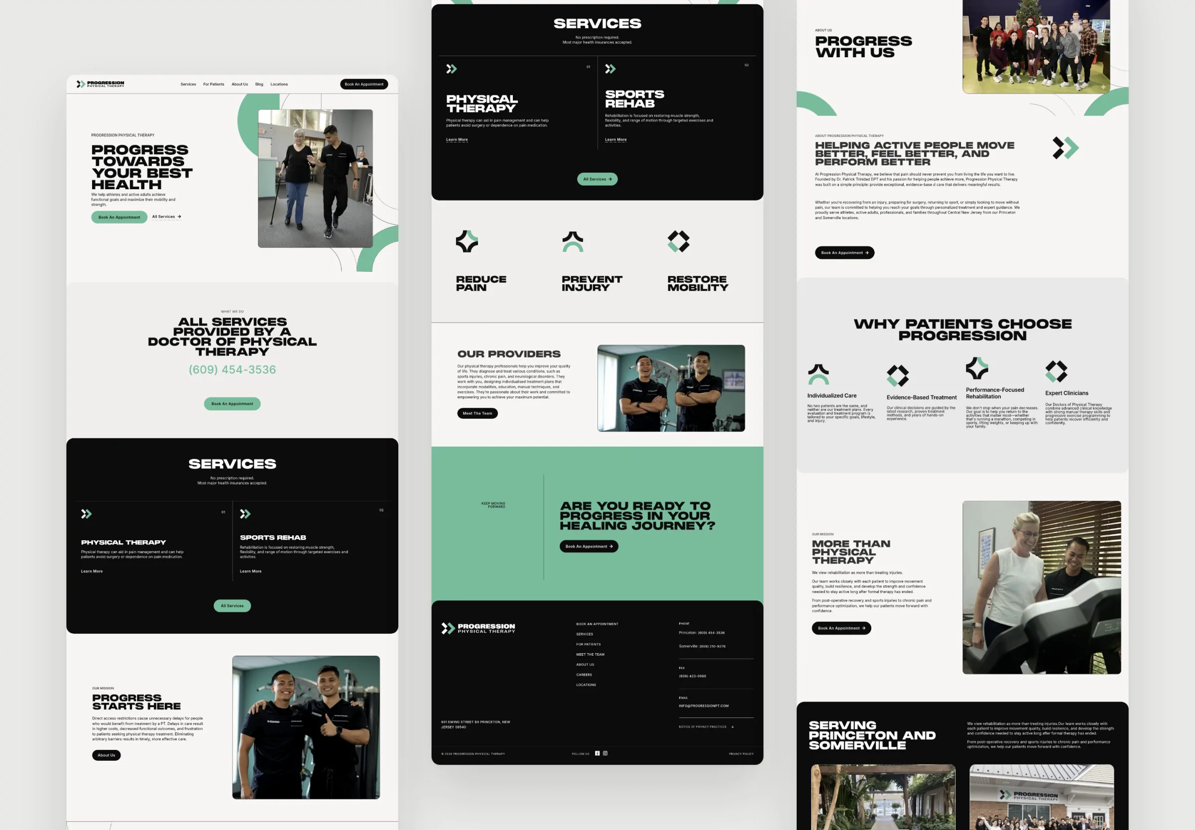 The Home, Services and About pages shown full length side by side
