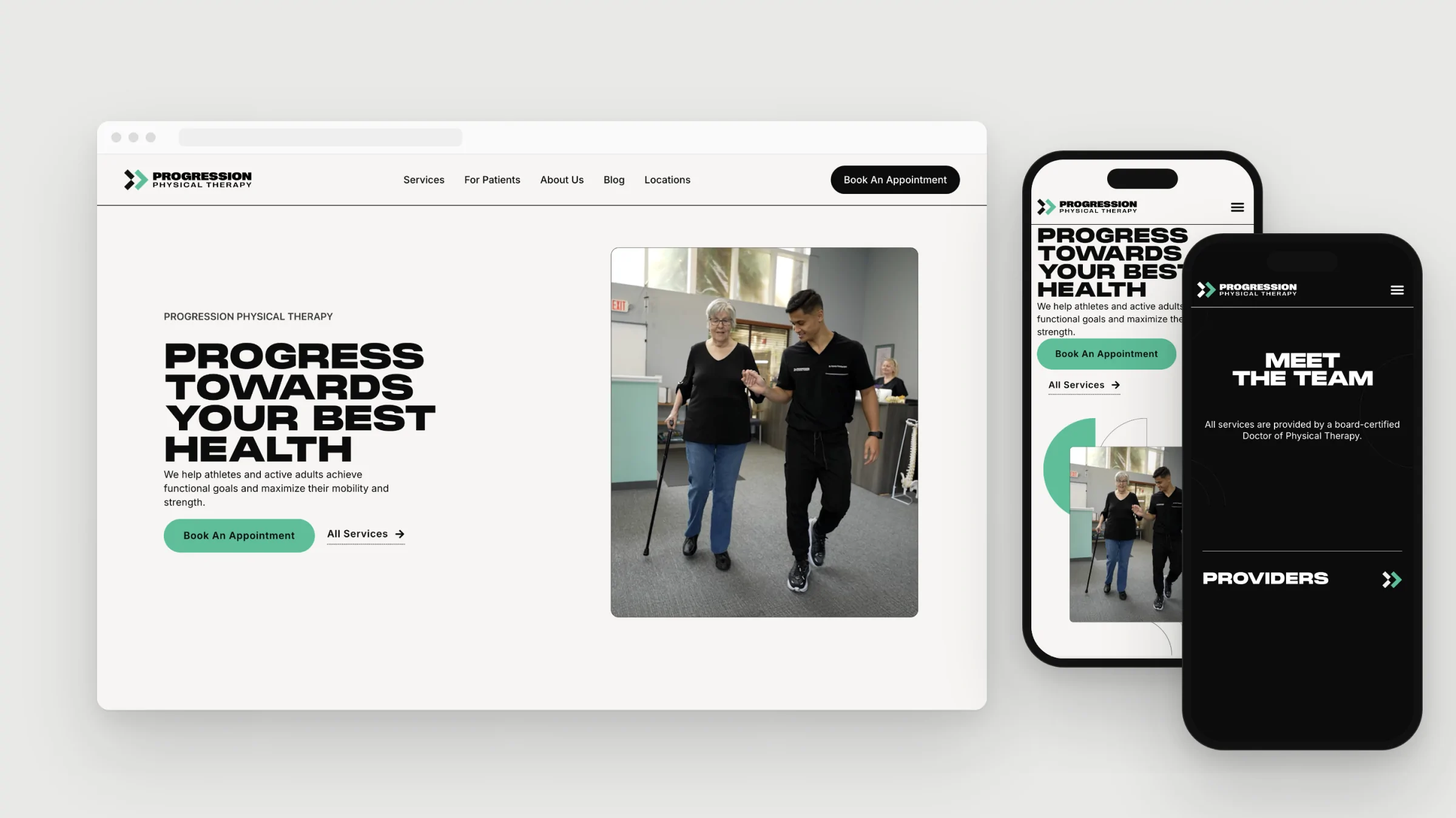 The Progression website on desktop and two phones
