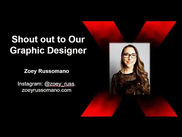 A slide at the event crediting Zoey Russomano as the graphic designer