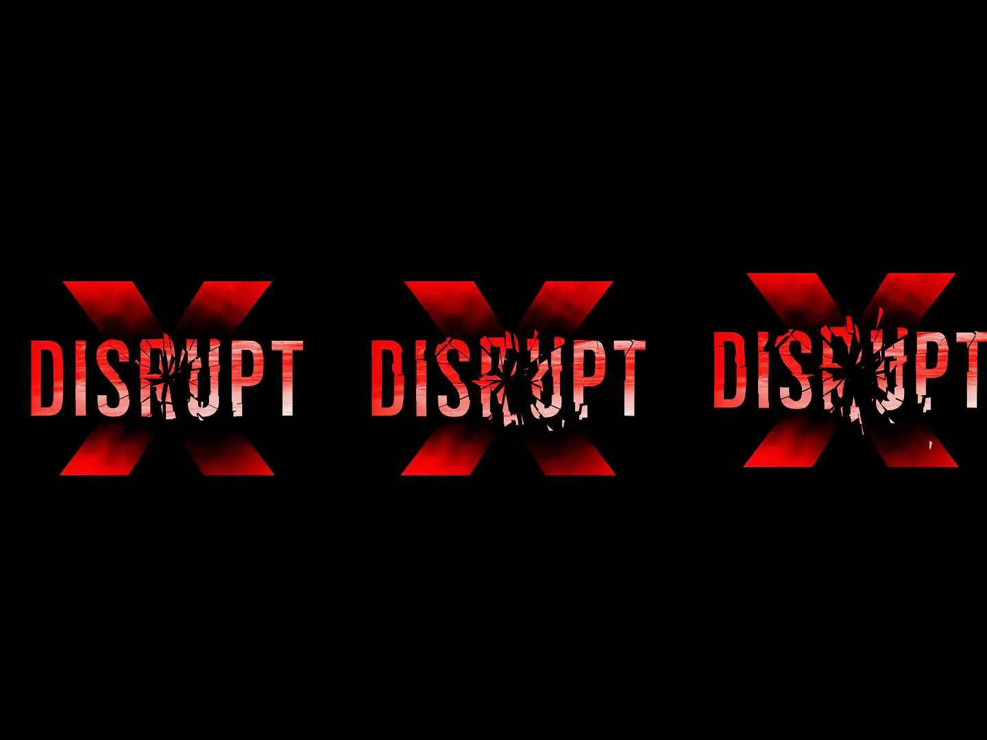 Three versions of the Disrupt logo with the X at different stages of breaking